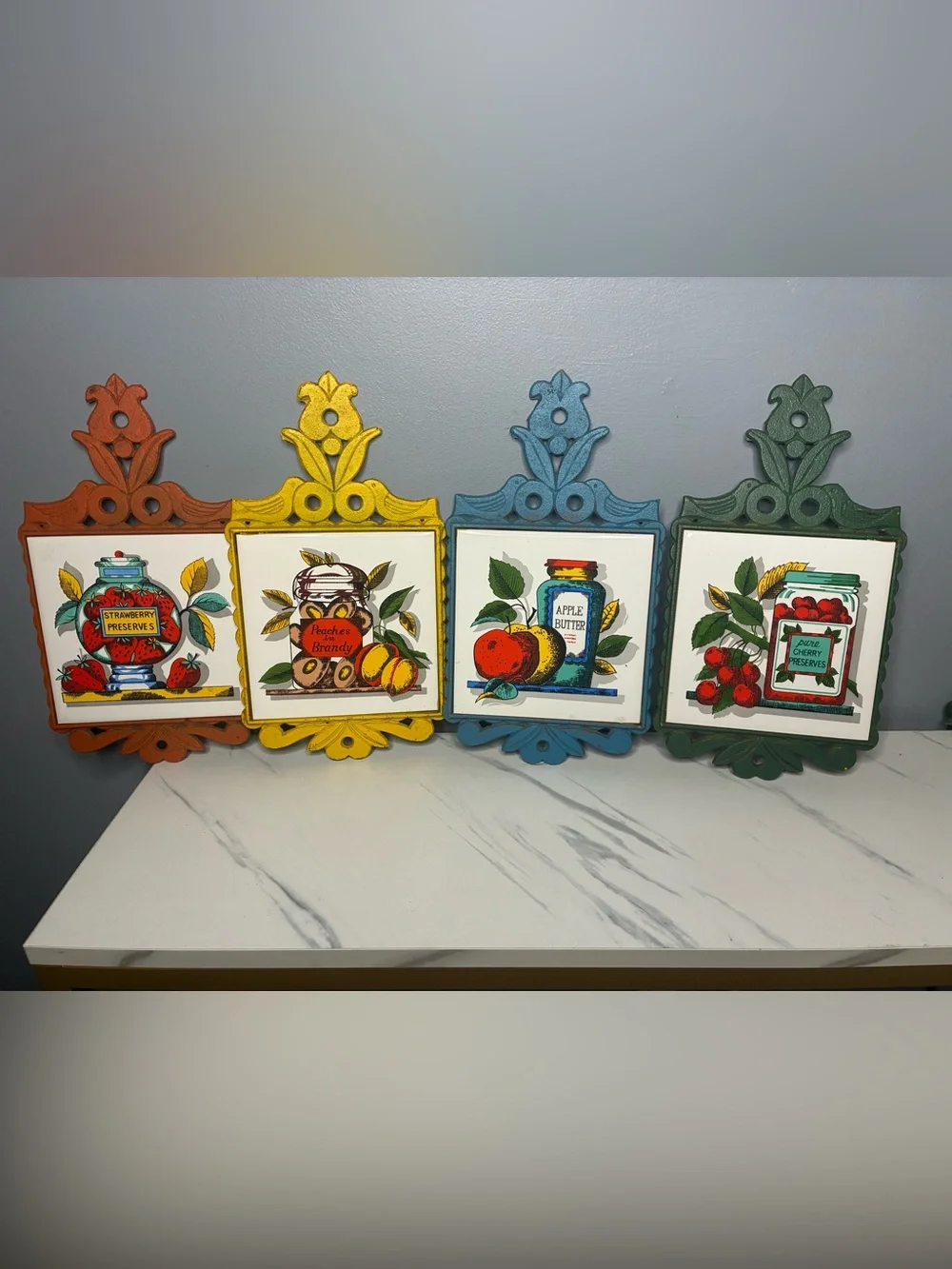 Set of 4 Vintage Italian Fruit Preserve Tile Trivets Cast Metal Frames